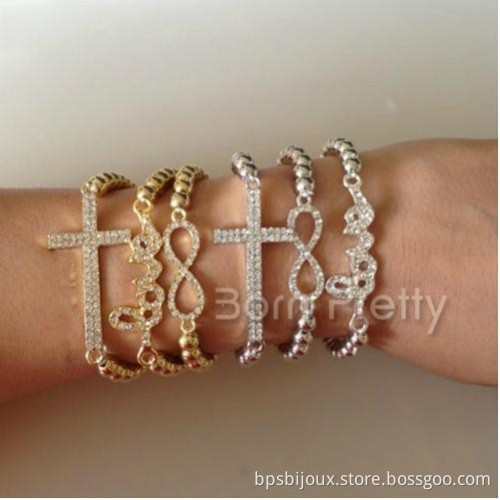 Fashion Bracelet Bling Rhinestone Cross LOVE Infinity Ring Metal Ball Chain Design
